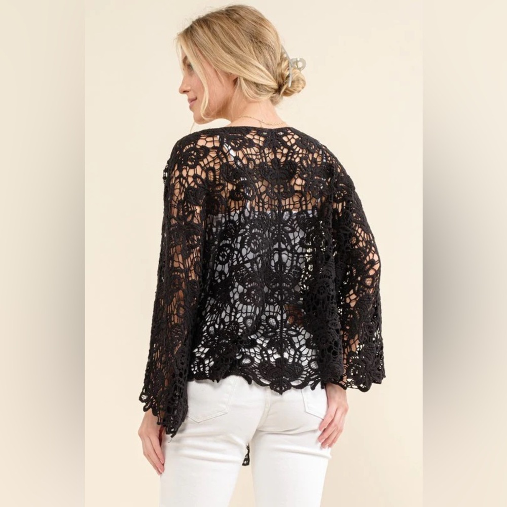 Crochet Tie-Front Kimono Shrug - Black - Picture 3 of 8